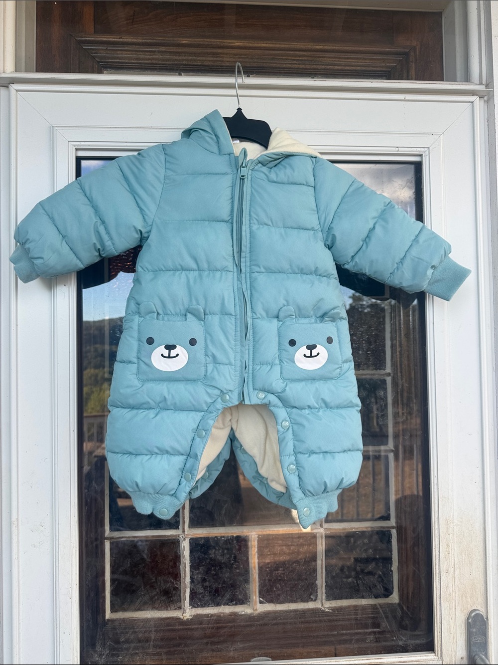 Kids One-Piece Puffer Snowsuit with Bear Pockets - Light Blue size 80